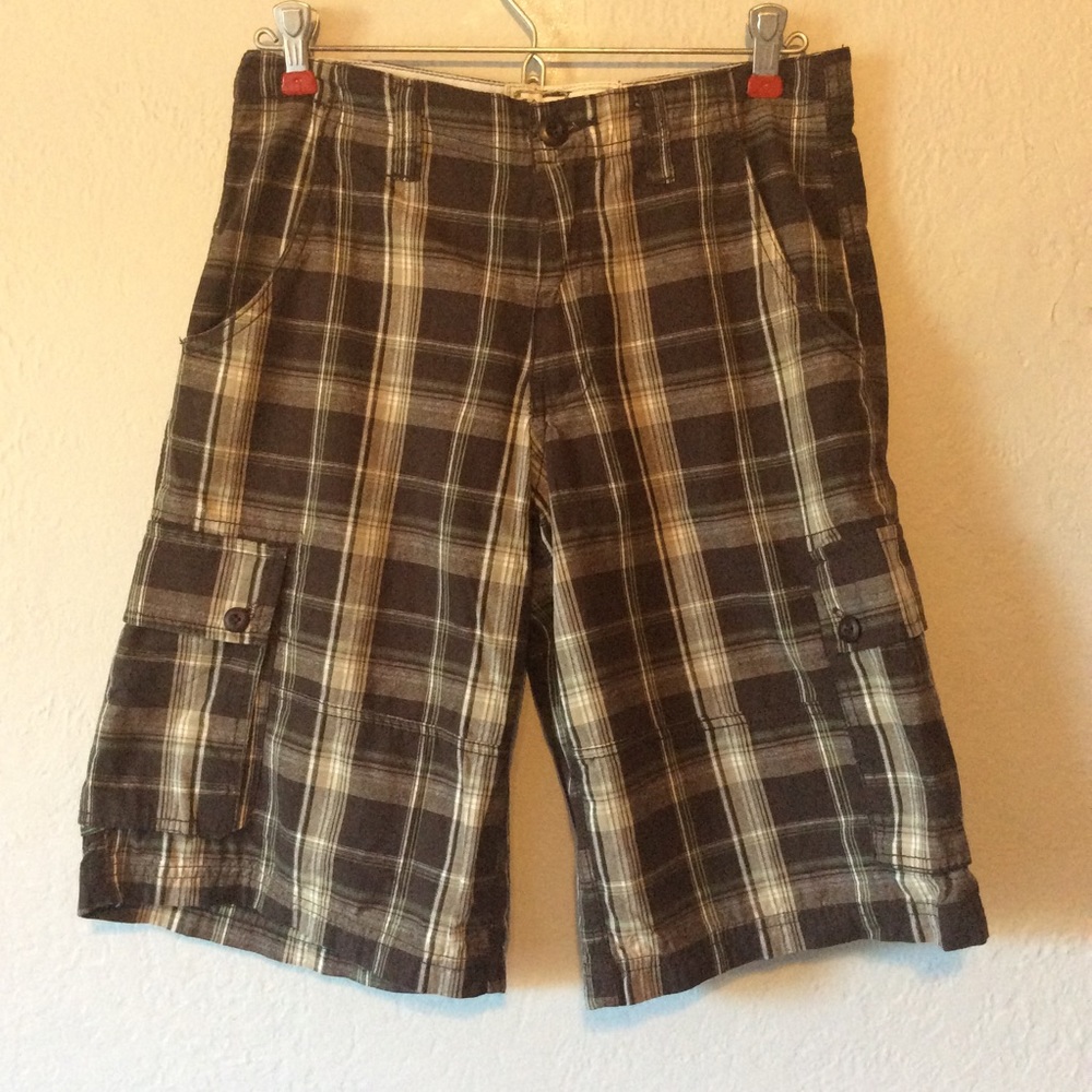 Overdrive Brown Cargo Plaid Boys Shorts, Size 14